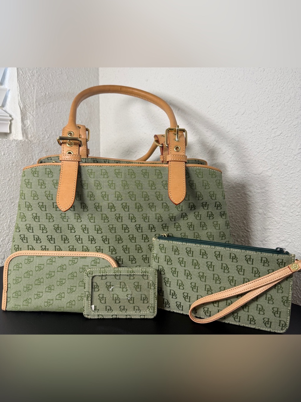 Dooney & Bourke Green Monogram Satchel Handbag 4-Piece Set NWOT